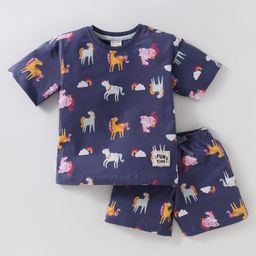 CUCUMBER Sinker Knit Half Sleeves Shorts Night Suit with Unicorn Print - Navy Blue-image-35