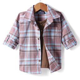 Dapper Dudes Full Sleeves Checked Shirt With Attached Tee - Brown-image-35