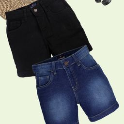 Kiddopanti Pack Of 2 Solid & Mild Washed Shorts - Black & Blue-picture-47