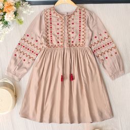 Bella Moda Cotton Three Fourth Sleeves Abstract Embroidered Dress - Brown-image-28