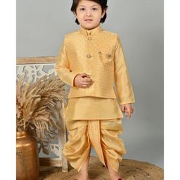 BT DEZINES Jacquard Full Sleeves Solid Kurta Dhoti With Floral Embroidered Jacket Set - Golden-image-85