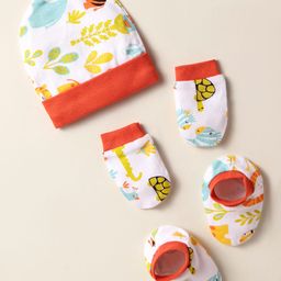 OHMS Single Jersey Knit Caps Mittens & Booties Set With Animal Print Red - Diameter 10.5 cm-image-11