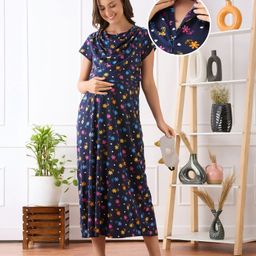 Bella Mama Cotton Knit Half Sleeves Nurisng Nighty with Concealed Zipper Floral Print & Pocket Detailing- Navy Blue-image-37