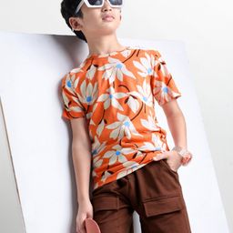 OLLINGTON ST. Cotton Half Sleeves Floral Printed T-Shirt & Knit Shorts - Coral & Brown-picture-3