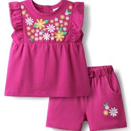 Babyhug Single Jersey Knit Sleeveless Top & Shorts With Floral Print - Dark Pink-16