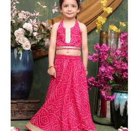 Saka Designs By Sapna Cotton Woven Sleeveless Bandhani Printed & Gota Lace Embellished Lehenga Choli Set - Magenta-picture-1