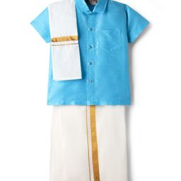 Dapper Dudes Cotton Silk Woven Half Sleeves Solid Shirt With Placement Foil Striped Mundu & Angavastram Set - Light Blue-picture-19