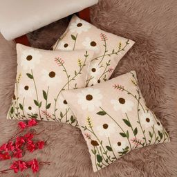 SOKNACK Peach & Green 3 Pieces Floral Printed Cotton Square Shaped Cushion Covers-52