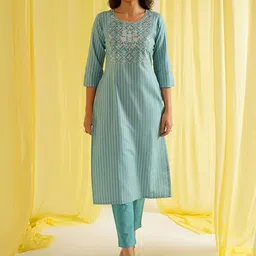 KALINI Women Striped Embroidered Kurta with Trousers-picture-25