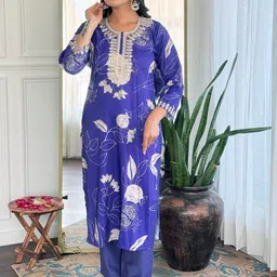 KAUTIK FABRICS Floral Printed Sequinned Straight Kurta With Trousers-image-59