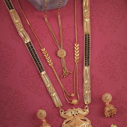 Anouk Set Of 3 Gold-Plated Stone-Studded & Beaded Mangalsutra With Earrings-14