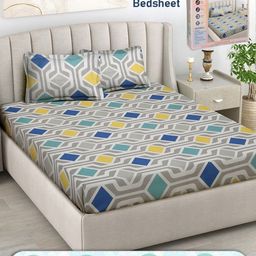 FABINALIV Blue & White Geometric 300 TC King Bedsheet with 2 Pillow Covers-image-97
