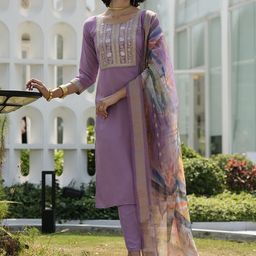Ishin Women Embroidered Regular Straight Kurta with Trousers & Dupatta-image-17
