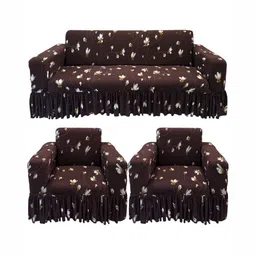 GIFTS ISLAND Brown & White Printed Polyester 3 Piece Sofa Cover With Arms-image-70