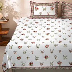 eyda Cream-Coloured & Red Floral 180 TC King Bedsheet with 2 Pillow Covers-image-10