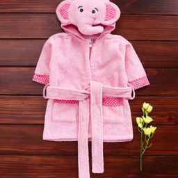 Babyhug Cotton Three Fourth Sleeves 3D Hooded Bath Robe Elephant Design - Pink-image-53