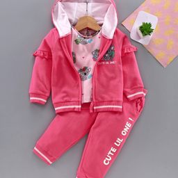 Babyhug Top Lounge Pant & Sweat Jacket - Pink-image-0