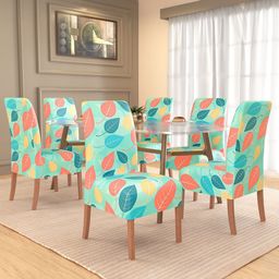 Kuber Industries 6-Pcs Blue & Green Leaf Printed Stretchable Dining Table Chair Covers-12