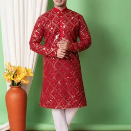 NFC CREATION Geometric Embroidered Sequinned Dupion Silk Straight Kurta With Trousers-77