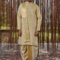 HILO DESIGN Men Floral Embroidered Regular Pure Silk Kurta with Dhoti Pants & With Dupatta-picture-8