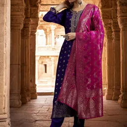KALINI Women Purple Banarasi Silk Ethnic Motifs Regular Kurta Set-picture-0