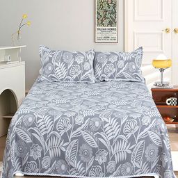 JC HOME Grey & White Floral Printed 220 TC Queen Cotton Bedsheet With 2 Pillow Covers-picture-1