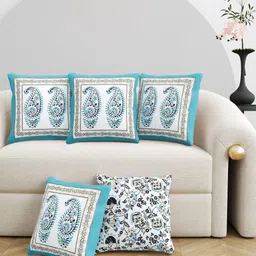 Myntra Elegant Homes White & Blue Set of 5 Ethnic Motifs Square Cushion Covers-30