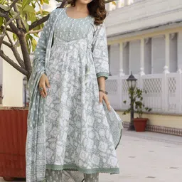 Anouk Floral Printed Yoke Design Beads & Stones Pure Cotton Kurta With Trousers & Dupatta-15