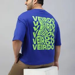 VEIRDO Men Printed Drop-Shoulder Sleeves Pure Cotton Raw Edge T-shirt-image-11