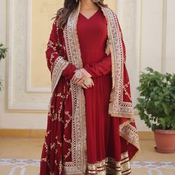 KALINI Embroidered Fit & Flared Maxi Dress With Dupatta-image-30