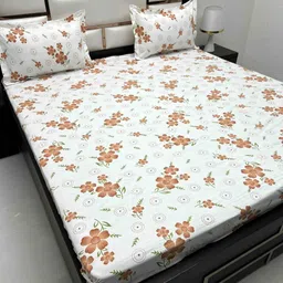 Pure Decor White & Orange Floral 330 TC Queen Bedsheet with 2 Pillow Covers-picture-29