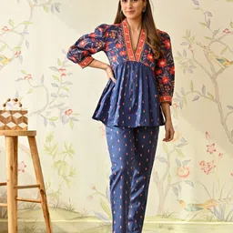 Rustorange Floral Printed Pure Cotton Top With Trouser Co-Ords-picture-57
