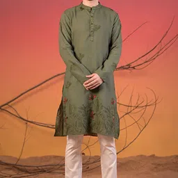 Rangkathaa Floral Embroidered Thread Work Linen Kurta with Trousers-image-28