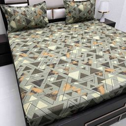 Pure Decor Green & Cream-Coloured Geometric 200 TC Queen Bedsheet with 2 Pillow Covers-image-25