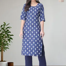 HERE&NOW Selection Of 2 Floral Printed Round Neck Straight Kurtas With Trousers-picture-9