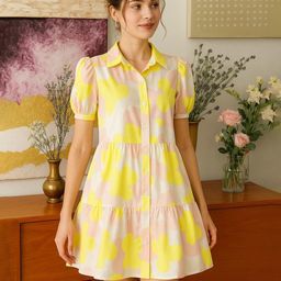 De La Moda Women Abstract Printed Puff Sleeves Shirt Above Knee Dress-image-93