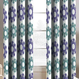 BELLA TRUE White & Green Set of 2 Floral Printed Long Door Curtains-3