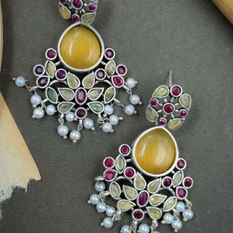 NAMAN ARTS T Silver-Plated Stones Studded & Beaded Contemporary Drop Earrings-0