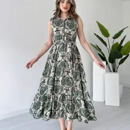 R RANAK CREATION Abstract Print Shirt Collar Fit & Flare Cotton Midi Dress-image-18
