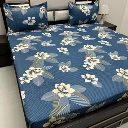 Pure Decor Blue & Peach-Coloured Floral 200 TC Queen Bedsheet with 2 Pillow Covers-image-79