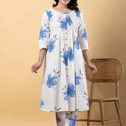 Readiprint Floral Printed Round Neck Pleated Pure Cotton A-Line Kurta With Trousers-picture-22