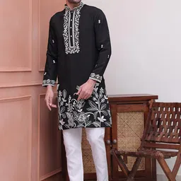 Jompers Floral Embroidered Mandarin Collar Long Sleeves Regular Kurta With Pyjama-image-12