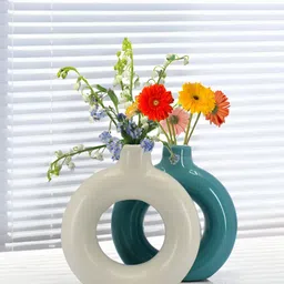 The Decor Lane Off-White & Green 2 Pieces Glossy Ceramic Flower Vases-50
