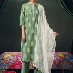 SANISA Floral Printed Notch Neck Straight Kurta with Trousers & Dupatta-23