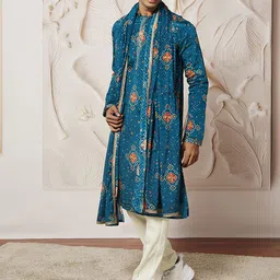 VASTRAMAY Men Bandhani Printed Regular Sequinned Kurta with Trousers & With Dupatta image 2