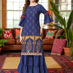 Pannkh Floral Printed Boat Neck Straight Kurta With Sharara-image-62
