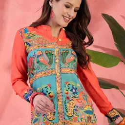 Sangria Ethnic Motifs Printed Mandarin Collar Shirt Style Tunic-18