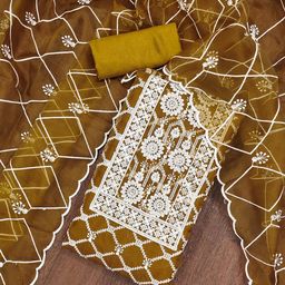 HERE&NOW Embroidered Thread Work Organza Unstitched Dress Material-image-74