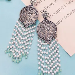 Sangria Silver Plated Stones Studded & Beaded Earrings-image-85