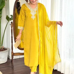 BLENDIFY Floral Yoke Design Thread Work Chanderi Silk Kurta With Trousers And Dupatta-picture-13